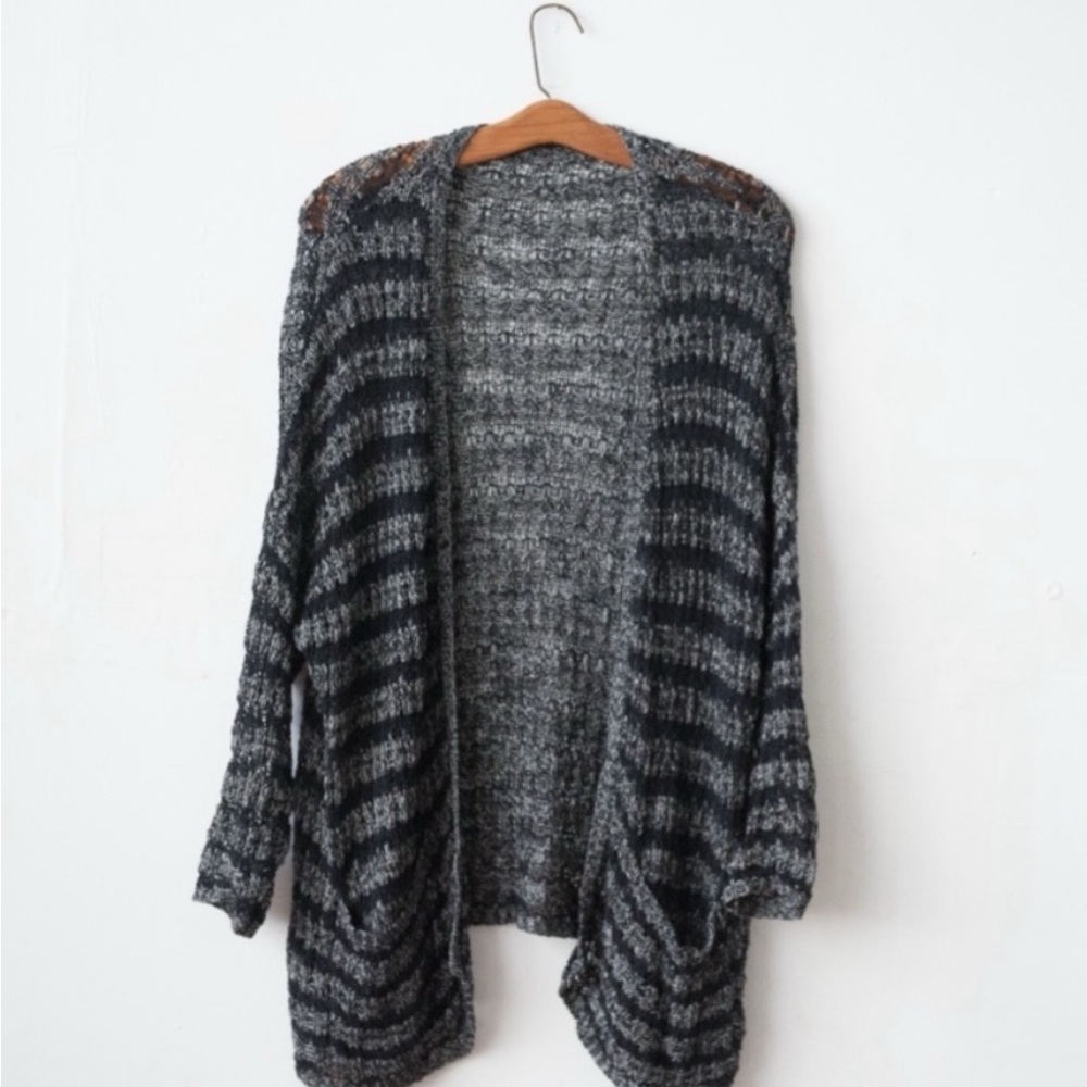 Free People Last Night Black and Gray Striped Cardigan